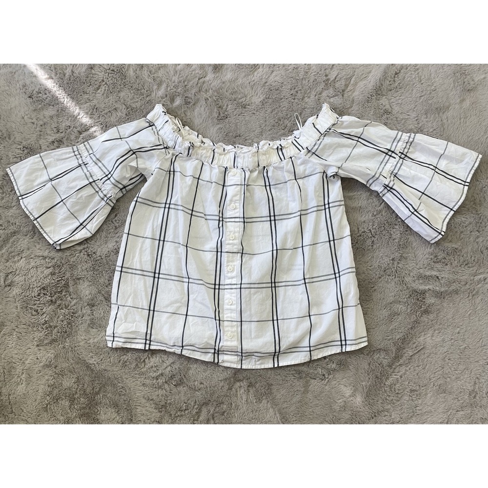 Abercrombie & Fitch Womens White Plaid Off the Shoulder Bell Sleeve Shirt Top XS